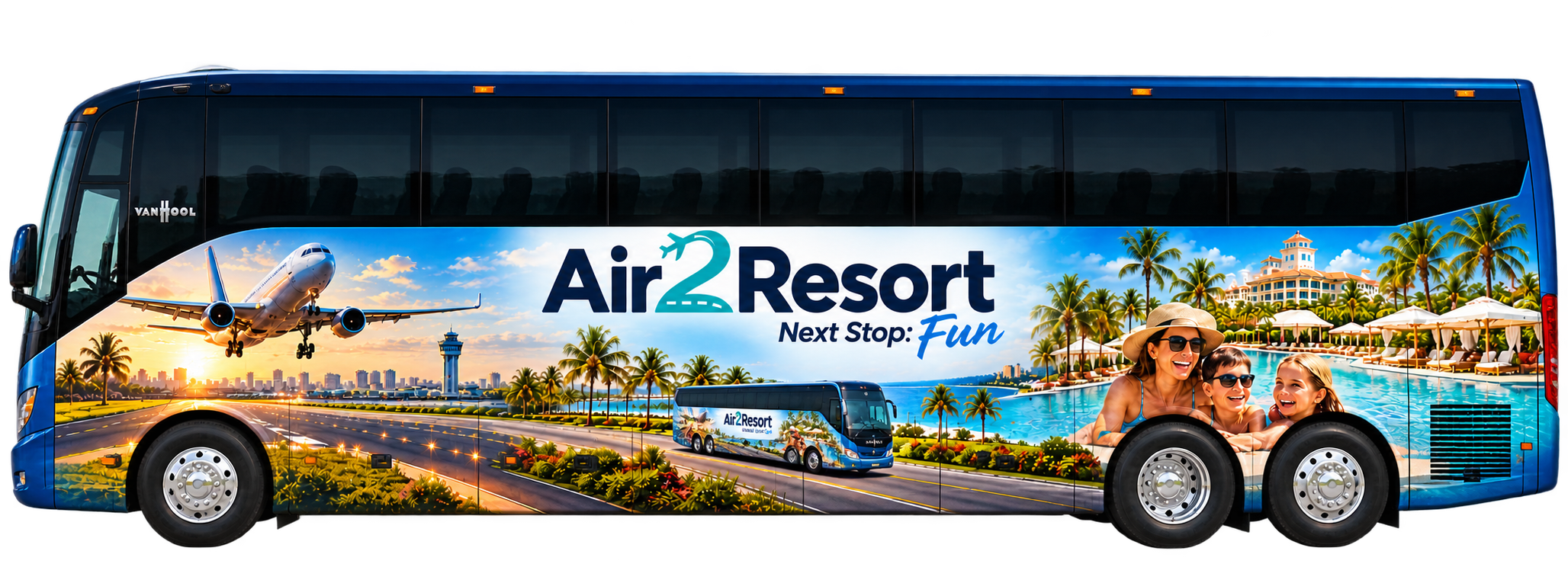 Air2Resort blue coach wrap showing an airplane, a coach journey and family fun at a resort